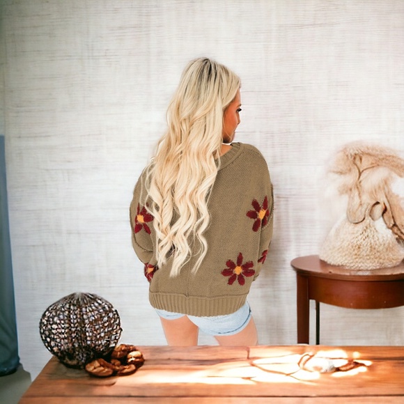 Sage Green Flower Knit V Neck Sweater - Picture 2 of 5